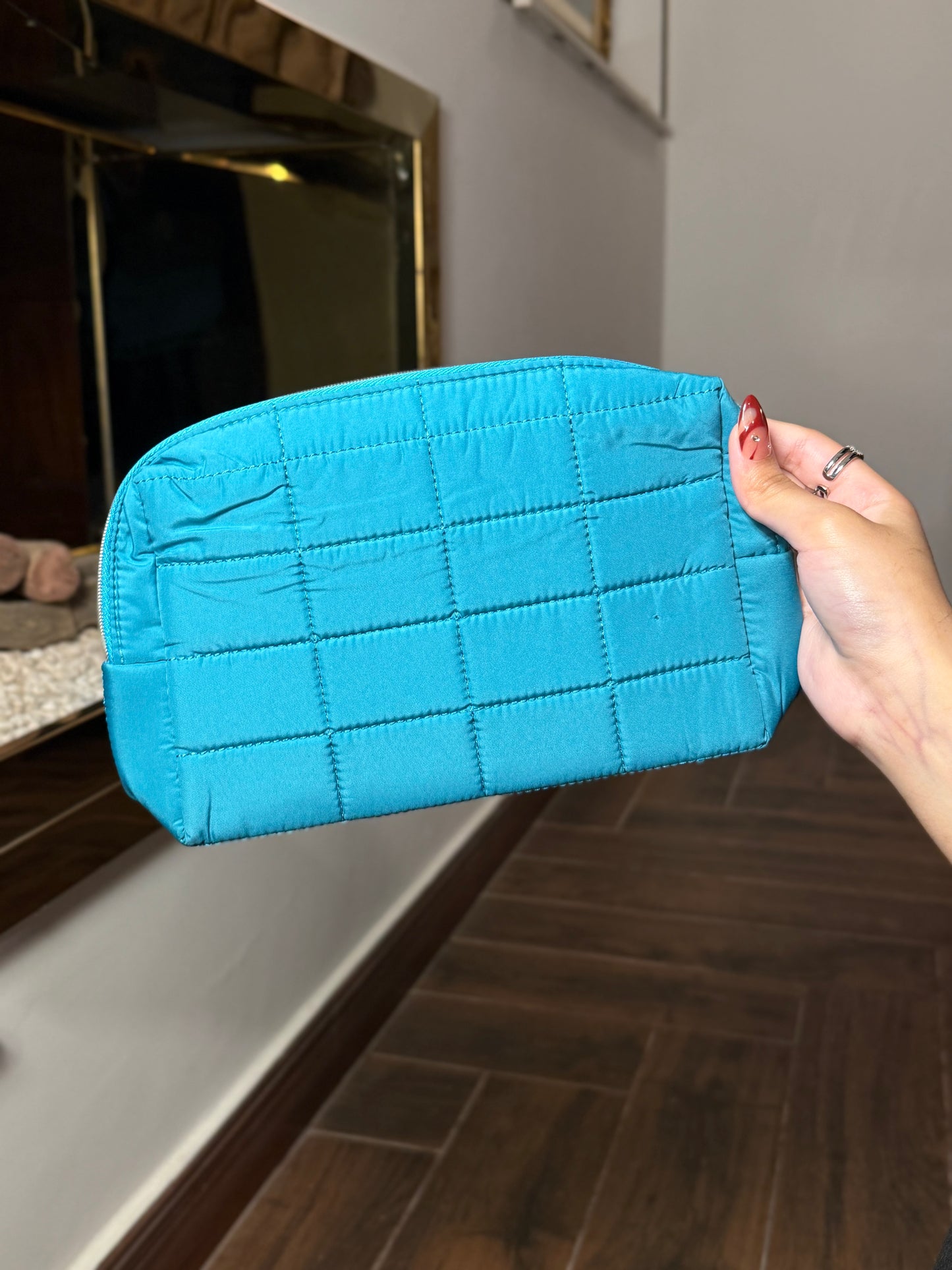 Sephora Blue Teal Quilted Fabric Makeup Bag