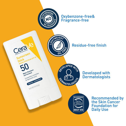 CeraVe Mineral Sunscreen Stick SPF 50 – On-the-Go Mineral Sun Protection Stick 13.32g