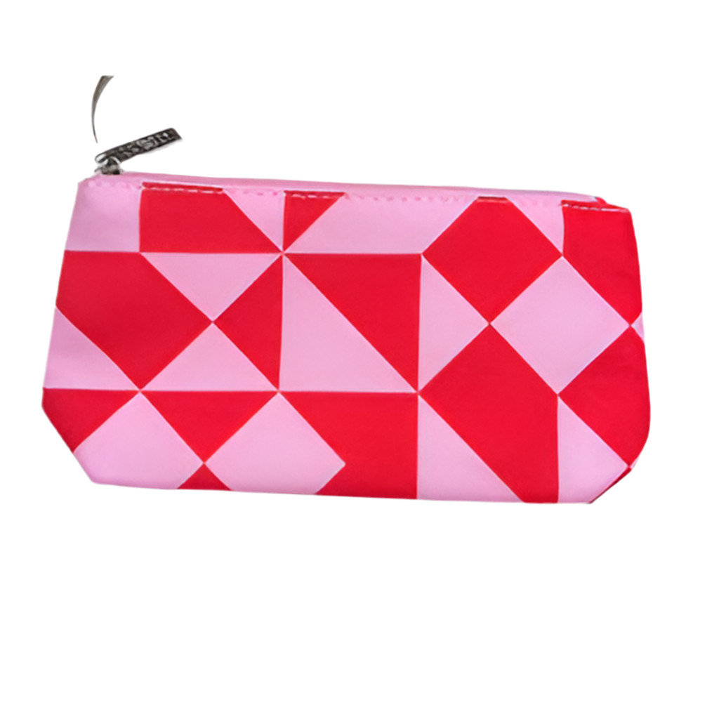 Clinique vibrant pink and red geometric pattern cosmetic bag