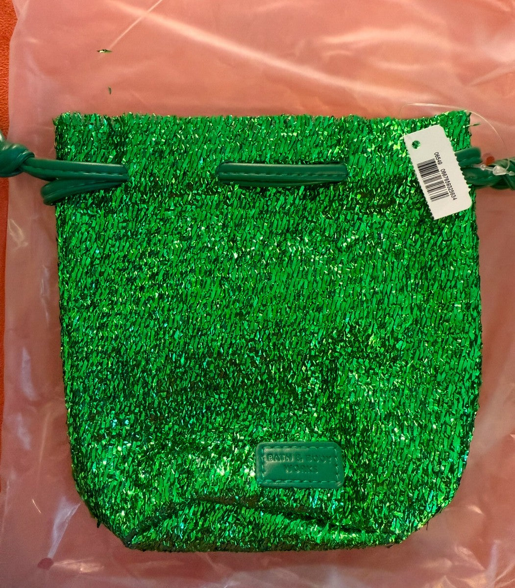 Bath & Body Works Green Tinsel Cinch Drawstring festive gift pouch