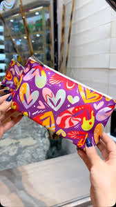 Clinique Multi-Color Heart Pattern Zippered Cosmetic Makeup Bag