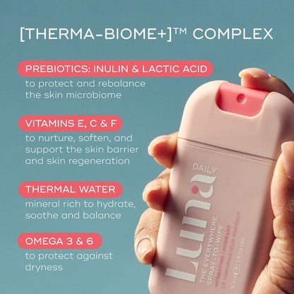 Luna Daily 
The Mini Everywhere Spray-to-Wipe - With Prebiotics + Vitamins C&E, Omegas 3 & 6 for Dry Skin