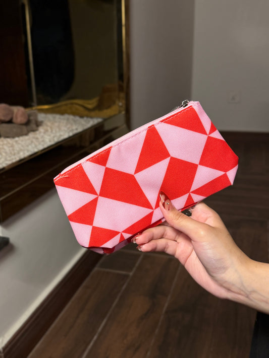 Clinique vibrant pink and red geometric pattern cosmetic bag